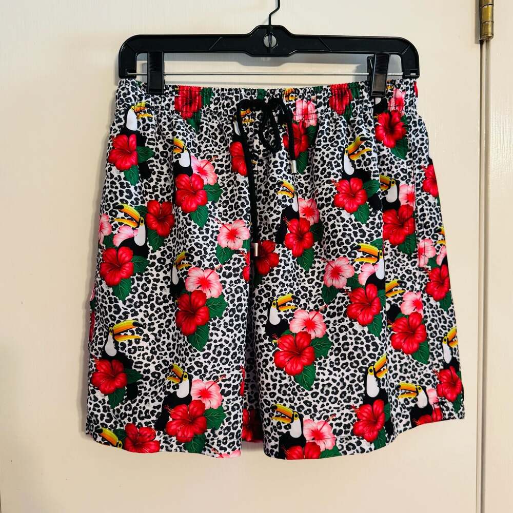 Franks Australia Broadbeach Toucan Hibiscus Leopard Print Swim Trunks Size L
